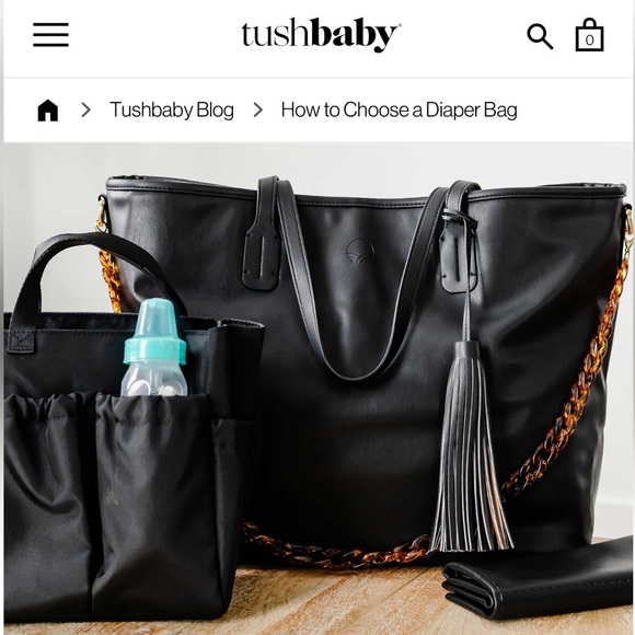 TUSHBABY XL Black Tote Diaper Bag, 2 Pacifier Holder Accessories & Changing Pad - Picture 2 of 7